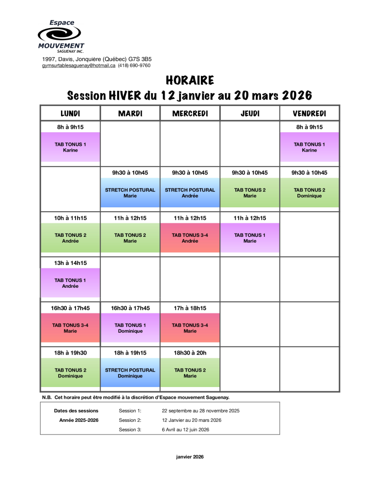 horaire session hiver gym sur table